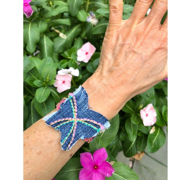 Denim Butterfly Stitched Woven Boho Bracelet, New - Picture 9 of 9